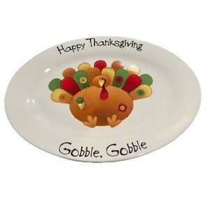 Happy Thanksgiving Table Ceramic Turkey Oval Platter Gobble Gobble Circa 1990